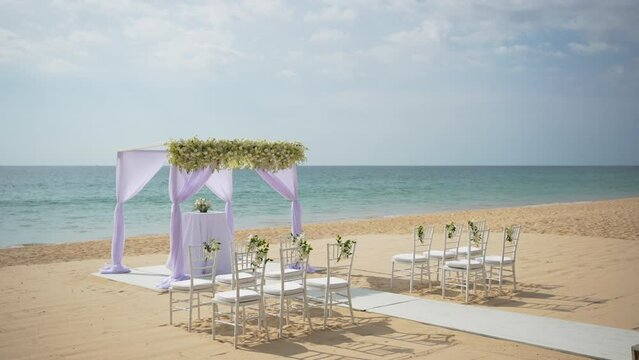 Beautiful Vase flowers bride walks wedding ceremony. Wedding ring exchange beach island mountain. asia, wedding, birthday,Christmas, Valentine, honeymoon