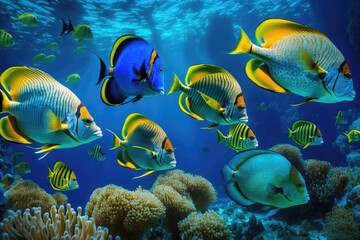 Naklejka na ściany i meble tropical fishes in coral reef, generative AI