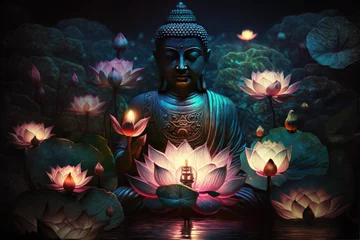 Fototapeten glowing Lotus flowers and gold buddha statue, generative AI © Kien