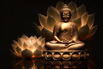 Zelfklevend Fotobehang glowing Lotus flowers and gold buddha statue, generative AI © Kien