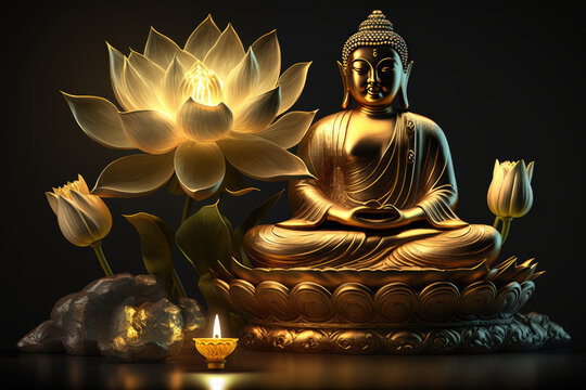 glowing Lotus flowers and gold buddha statue, generative AI