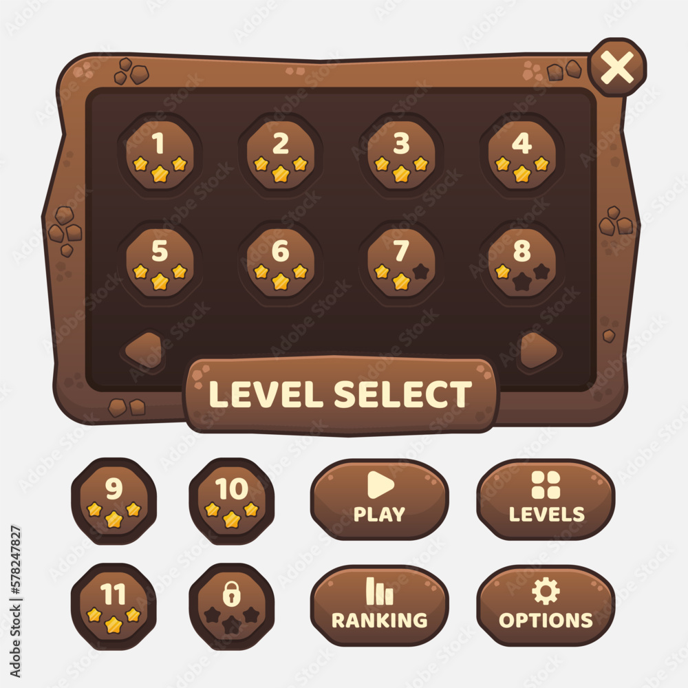 Aufkleber vector game template gui kit. interface level selection multi stage elements