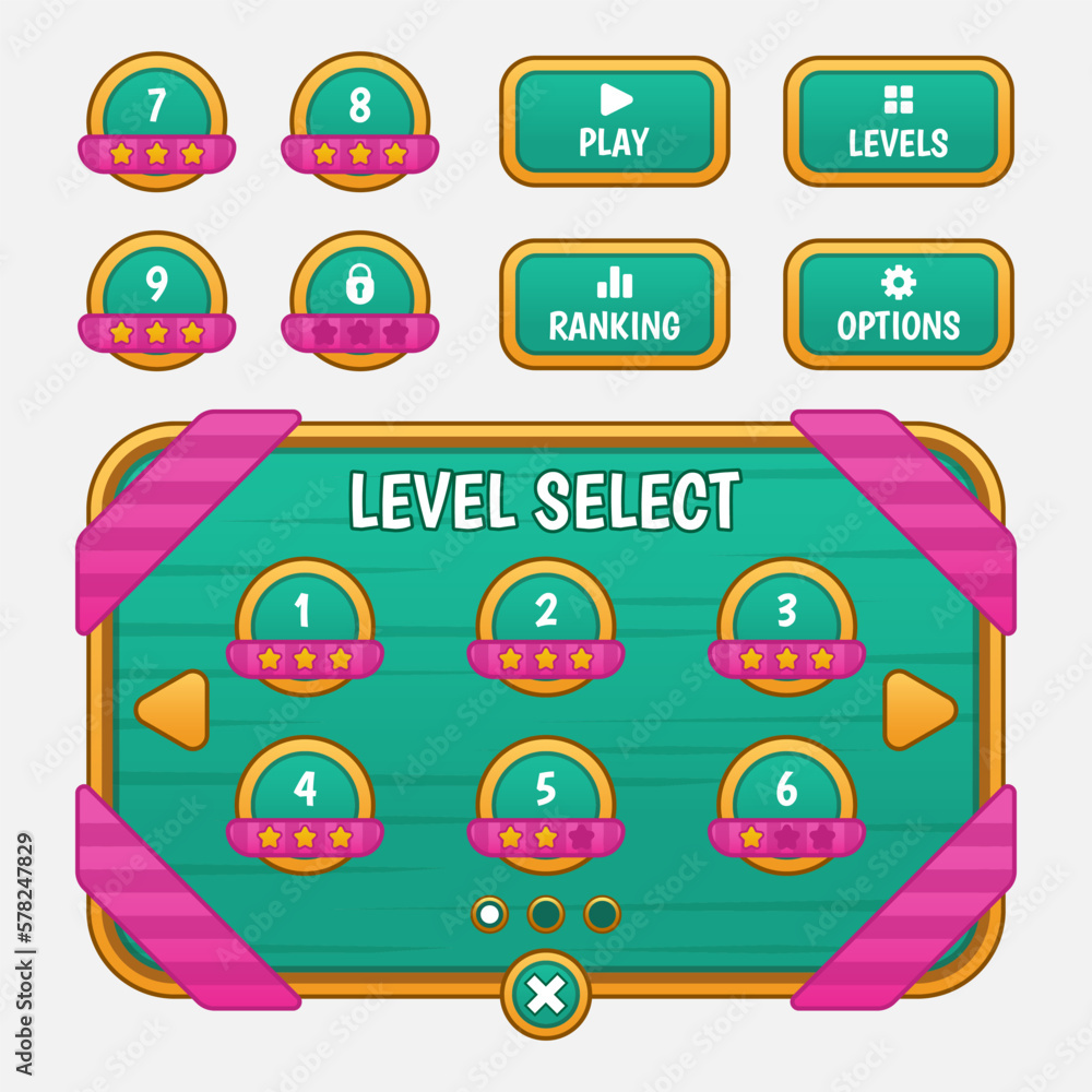 Aufkleber vector game template gui kit. interface level selection multi stage elements