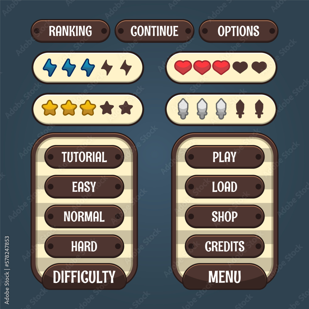 Aufkleber vector game template gui kit. game graphical user interface gui for build web and mobile games and a