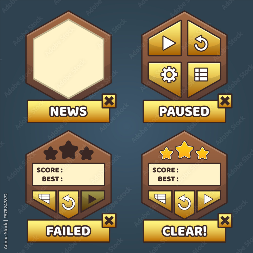 Aufkleber vector game template gui kit. game graphical user interface gui for build web and mobile games and a