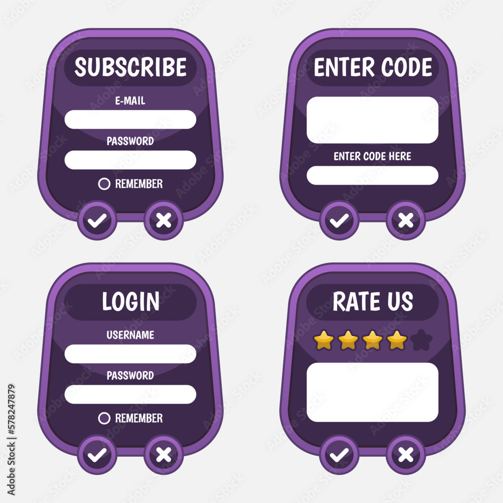 Aufkleber vector game template gui kit. interface log in page elements