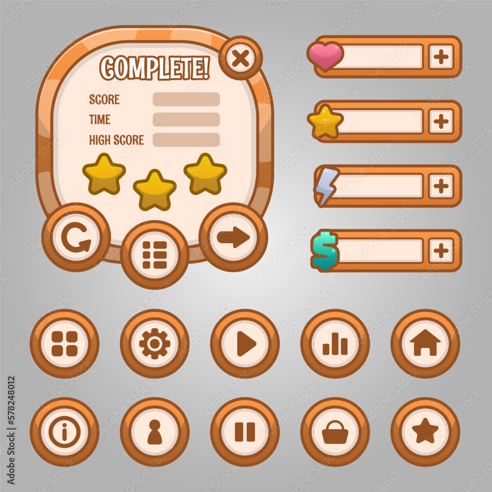 Aufkleber vector game template gui kit. game graphical user interface gui for build web and mobile games and a