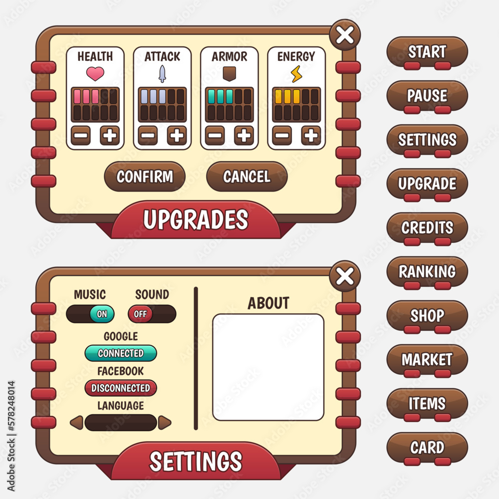 Aufkleber vector game template gui kit. game graphical user interface gui for build web and mobile games and a