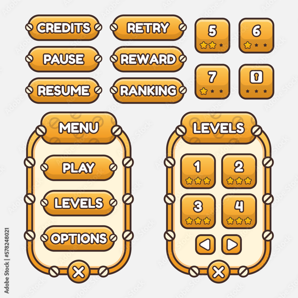 Aufkleber vector game template gui kit. game graphical user interface gui for build web and mobile games and a