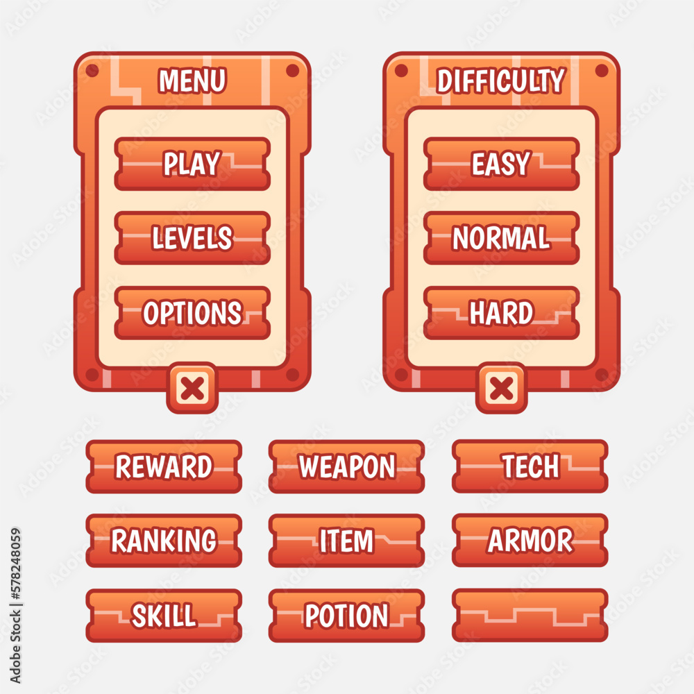 Aufkleber vector game template gui kit. interface level selection multi stage elements