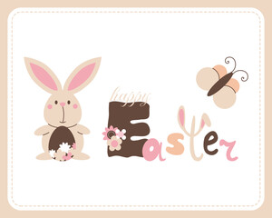 Happy Easter greeting card template with cute bunny or rabbit holding festive egg and hand drawn holiday wish. Cartoon vector graphic illustration