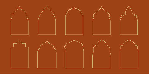Collection of oriental line art style Islamic windows and arches, door mosque, mosque dome and lanterns. Ramadan Kareem concept design. Outline vector illustration