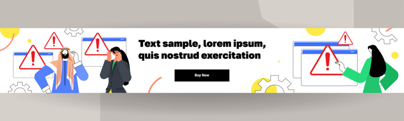 frustrated people reacting to danger exclamation marks problem cyber attack hacking warning signal scam alert horizontal