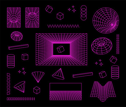 Set 3D wireframe futuristic perspective gride elements vector design in neon pink color