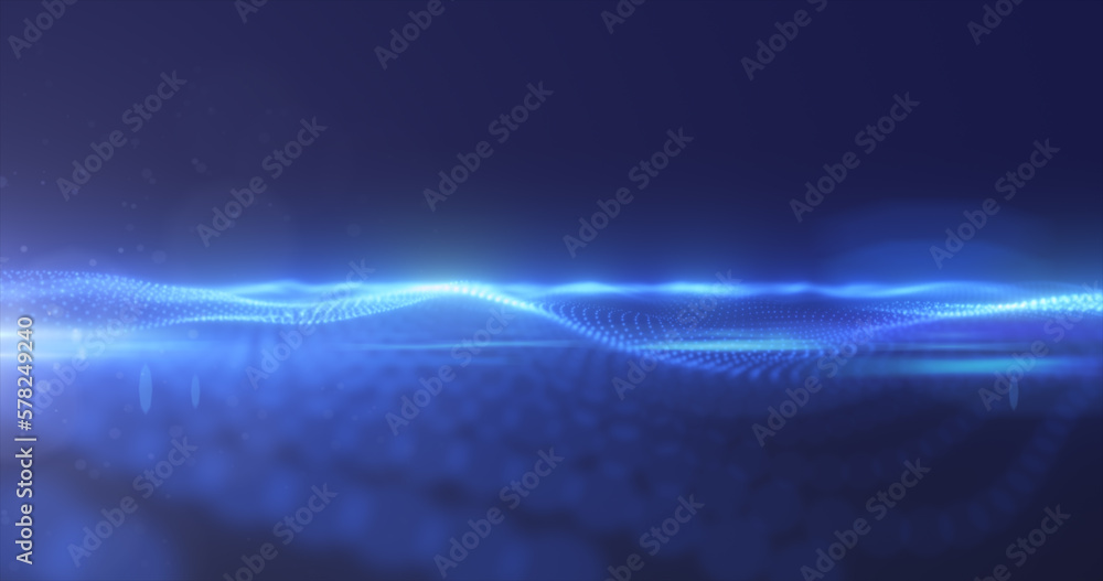 Wall mural abstract blue energy surface with magic waves from particles and dots with blur and glow effect abst