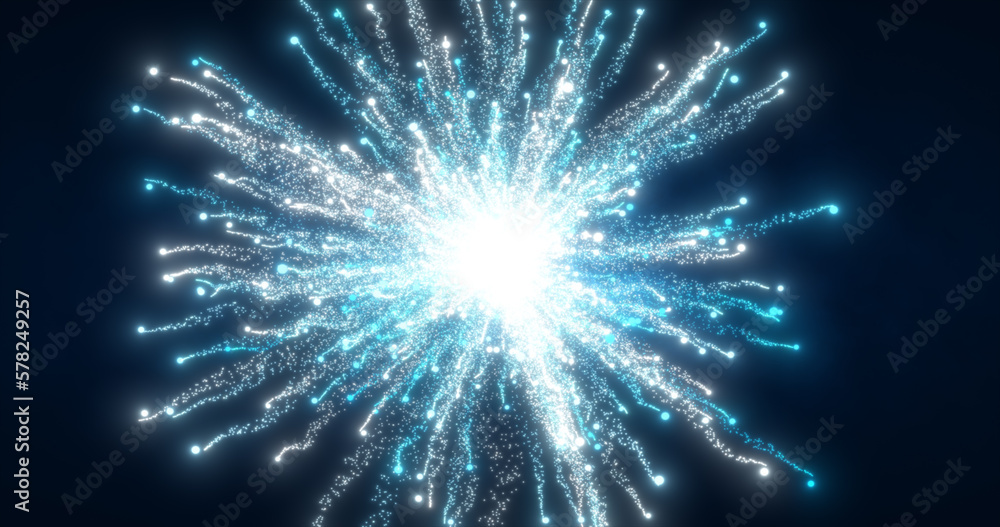 Poster Abstract glowing energy explosion whirlwind firework from blue lines and magic particles abstract background
