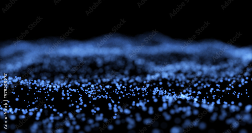 Poster abstract blue glowing energy waves from particles and magical dots with blur effect on dark backgrou