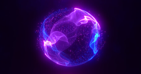 Abstract round blue to purple sphere light bright glowing from energy rays and magic waves from particles and dots, abstract background