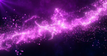 Abstract purple glowing flying waves of energy particles futuristic high tech background
