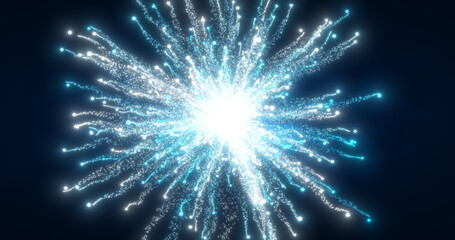 Abstract glowing energy explosion whirlwind firework from blue lines and magic particles abstract background