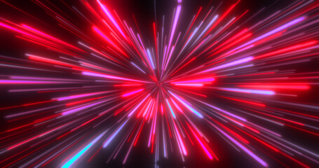 Abstract tunnel of multicolored red glowing bright neon laser energy beams lines abstract background