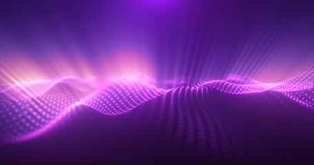 Abstract glowing purple magic energy wave from particles and dots bright shiny on a dark blue background. Abstract background