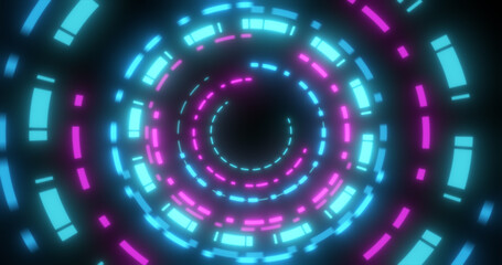 Abstract round swirling rings HUD elements blue and purple from flying particles glowing energy scientific futuristic hi-tech background
