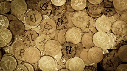 Bitcoin Cryptocurrency represented as Gold Coins. Digital Banking Background. 3D Render.