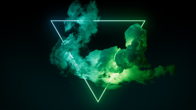 Trendy Background Design. Cloud Formation with Green and Turquoise, Triangle shaped Neon Frame.