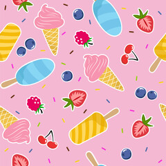 Summer ice cream pattern with berries. Cute vector seamless background with strawberry, raspberry, cherry and ice cream cone.