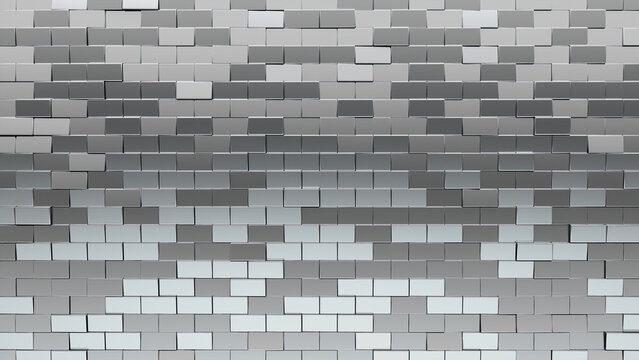 3D, Rectangular Mosaic Tiles arranged in the shape of a wall. Silver, Luxurious, Blocks stacked to create a Glossy block background. 3D Render