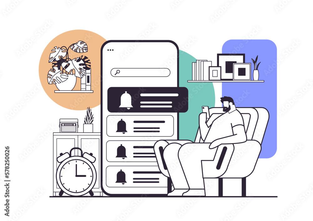 Poster man programming time reminder alarm on smartphone screen office day planner notification schedule ap