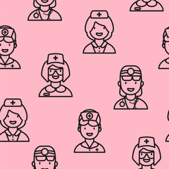 Seamless pink Pattern with Line Icons of Nurses. Vector illustration.