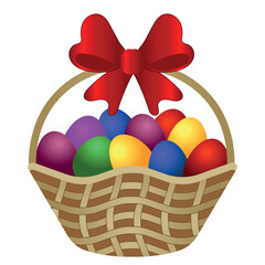 Easter card with a wicker basket decorated with a red bow. 