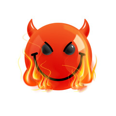 Emoji face of a cunning devil on fire. Realistic 3d design. Emoticon yellow glossy color. Icon in plastic cartoon style isolated on white background. Png illustration