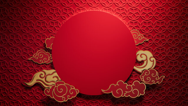 Lunar New Year Template with Circle Frame and Clouds on 3D Patterned Background. Red Asian design with copy-space.