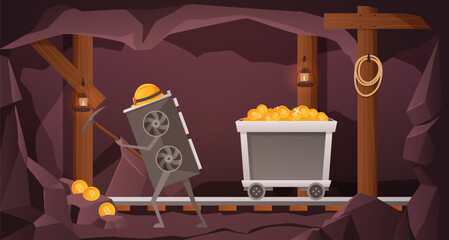 GPU Crypto mining. Graphic card miner worker character mining bitcoins, digital currency in mine cartoon vector Illustration