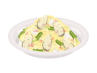 皿に盛り付けられた、牡蠣のパスタのイラスト