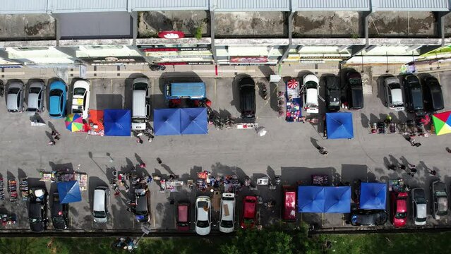 Selangor, Malaysia - March 5, 2023 Car boot sale in Bandar Seri Putra. Top view.