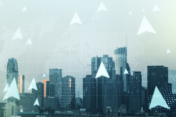Double exposure of abstract virtual world map with pins hologram on Los Angeles city skyscrapers background. Geolocation tracking and transportation concept