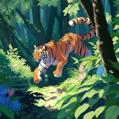 Tiger walking through the jungle. Generative AI illustration