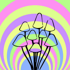 icon, background with colored waves and silhouette mushrooms in psychedelic hippie style.