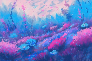 Fototapeta na wymiar Fantasy glowing pink and blue blue flowers background. Generative AI illustration