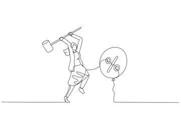 Illustration of businesswoman trying to hit balloons with interest sign. Concept of inflation control. Continuous line art