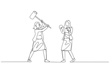 Illustration of businesswoman try to fight colleague with blunt weapon. Concept of human resource competition. Continuous line art style