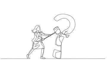 Cartoon of businesswoman with hammer hit question mark sign. Concept of problem solving. Single line art style