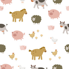 Obraz premium Seamless pattern with cartoon cow, sheep, horse, pig. Farm. Flat colorful vector for kids. hand drawing. animals. baby design for fabric, textile, wrapper, print.