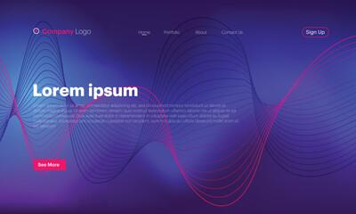 Abstract line art vector background website Landing Page. Template for websites.Wave with lines created using blend tool.Abstract pink, blue gradient background with a coloured dynamic waves