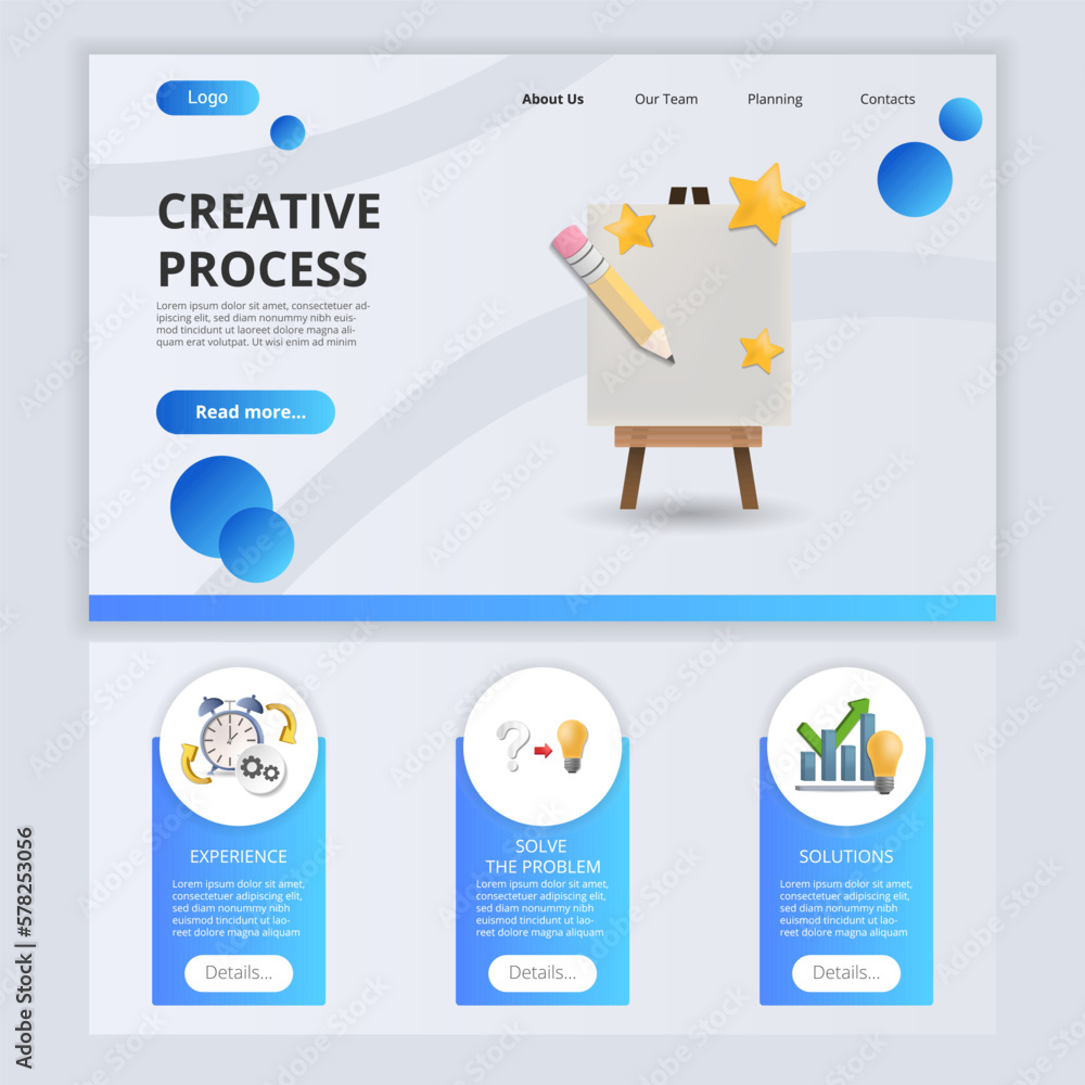 Poster creative process flat landing page website template. experience, solve the problem, solutions. web b