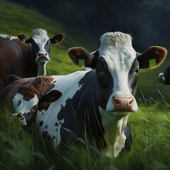 Cows grazing in a green meadow. Generative AI.
